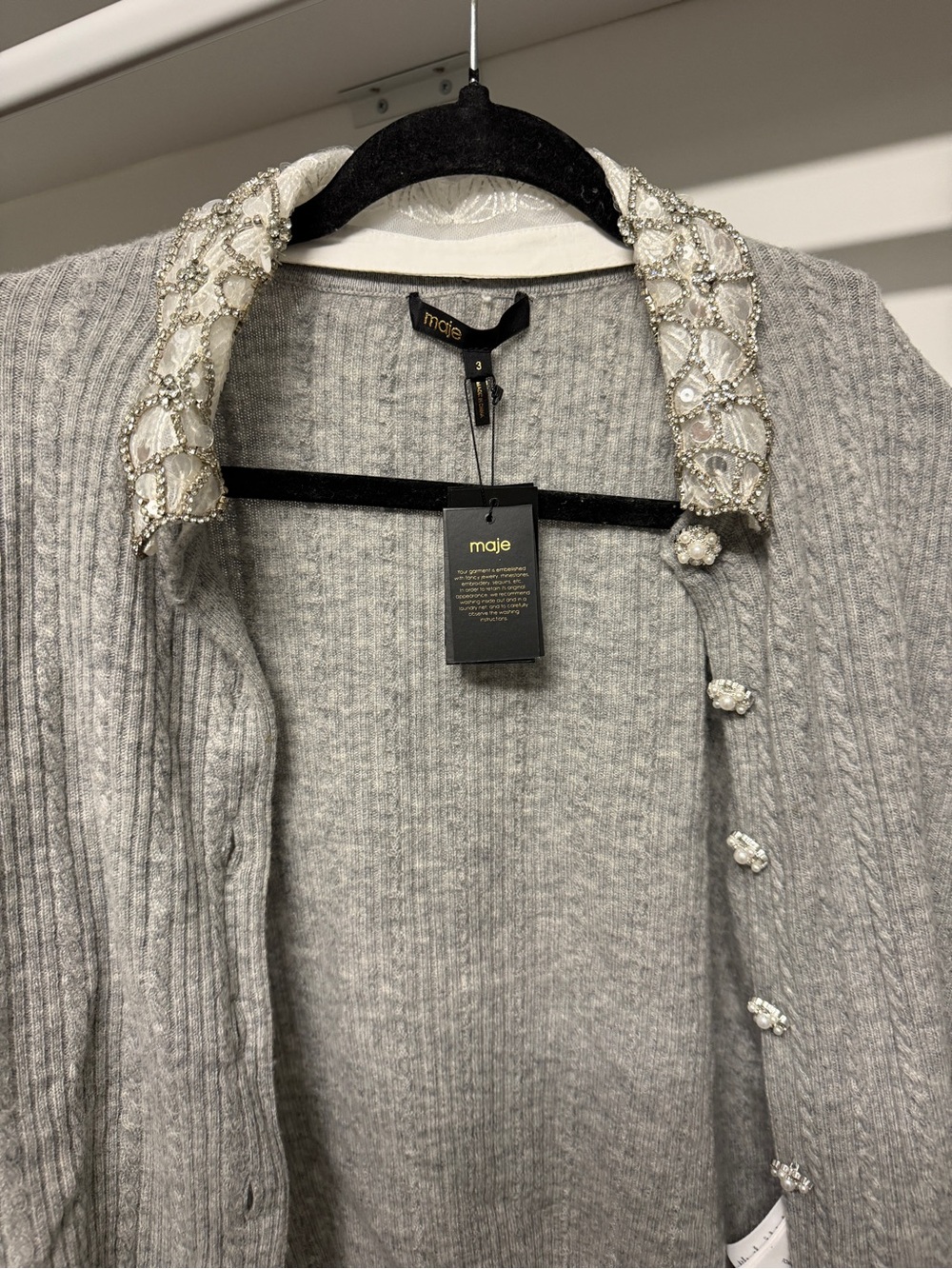 Maje Gray Ribbed Cardigan with Beaded Embellished Collar